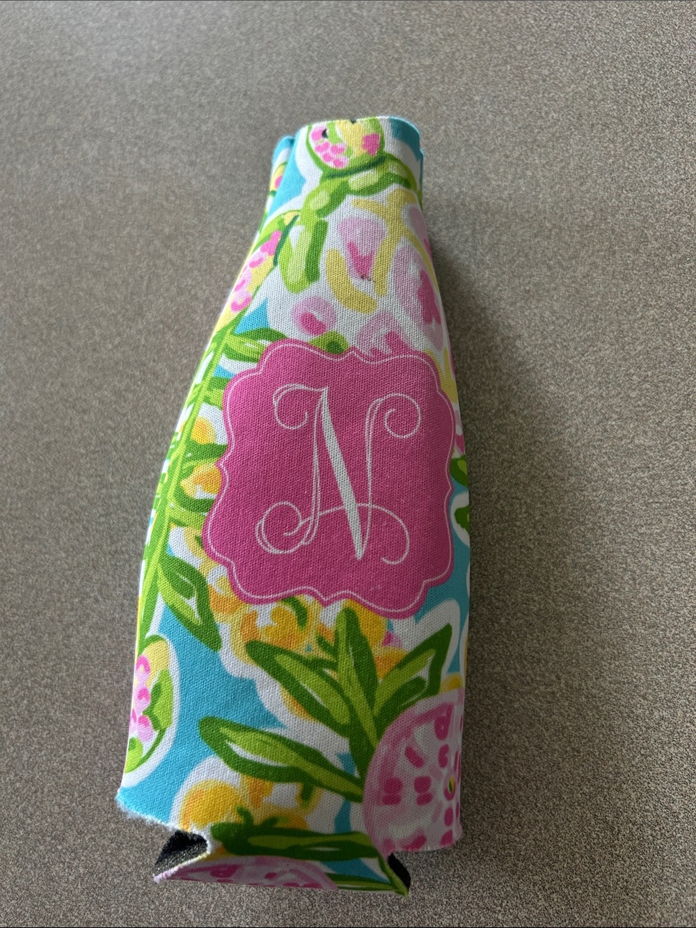 Monogram 'N’ Floral Bottle Coozie - Pink, Turquoise, Green beach tropical